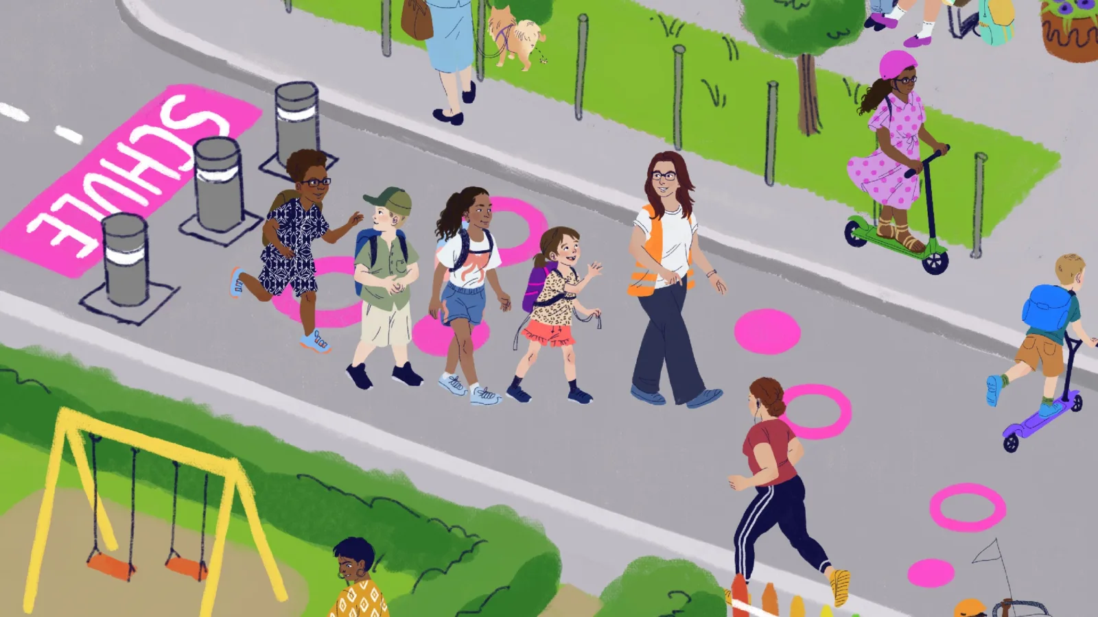 Illustrazione: bambini su una strada davanti alla scuola