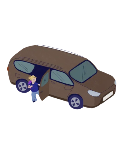 Un bambino scende dall'auto dei genitori